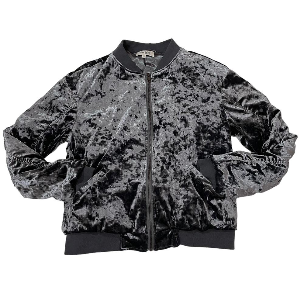 Charlotte Russe Velvet Bomber Jacket - Gray - Medium